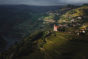 A village on a slope by a river in the Douro Valley, northern Portugal. - obrazy, fototapety, plakaty