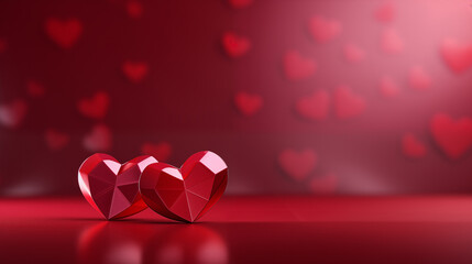 Ruby- red colored hearts on a red background  - obrazy, fototapety, plakaty
