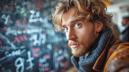 Fototapeta premium Sad student against the background of a blackboard with a complex mathematical equation. Difficult study, exams, session concept.