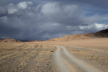 Steppe road in cloudy weather in Mongolia.