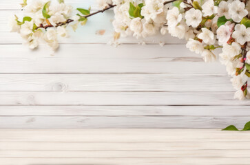 wooden table top with white spring flowers
