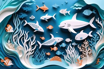 Paper cut style transforms the sea into a visually captivating masterpiece,dolphins and fishes.