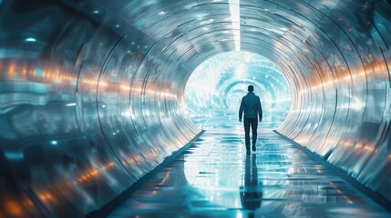 Fototapeta premium Man Standing in Futuristic Tunnel. Infinite Light Rings, Cool Blue Tones, Mysterious Atmosphere, Concept Art for Sci-Fi and Exploration. AI Generated