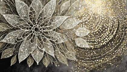 silver and flower.A captivating composition with a serene abstract light background, intricately detailed with a sprinkle of silver glitter, creating a shiny and tranquil space with a touch of sophist