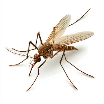 The image features a close-up of a mosquito isolated against a white background, showcasing its intricate details and characteristics in nature