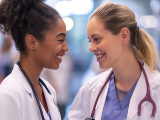 Happy multiracial female physicians looking at each other in hospital 