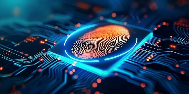 Digital fingerprint scanner, scan biometric identity and access password thru fingerprint, concept of cybersecurity and data protection, security system. ai generated