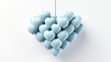 Latex balloons in shape of small hearts in soft blue color grouped together into large heart on white background.