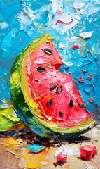 Oil painting of watermelon on canvas. Fragment of artwork.