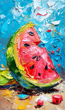 Oil painting of watermelon on canvas. Fragment of artwork.