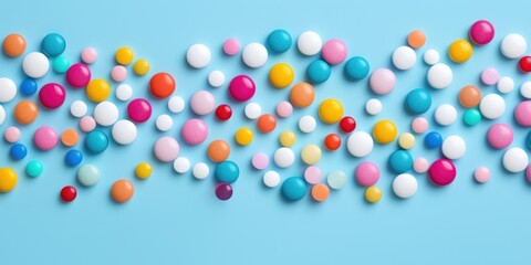 Lots Of Colorful Pills on Blue Background. Top View Of Vitamin Supplement, Drugs. Medication Addiction Concept