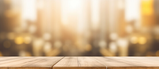 The empty wooden table top with blur background of an office and city. Exuberant image. generative...