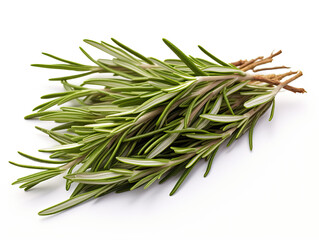 Wholesome charm: Isolated dried rosemary leaves, revered for their aromatic flair, poised on a pristine white background; culinary delight awaits