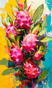 Dragon fruit painted on canvas. Exotic tropical fruit.