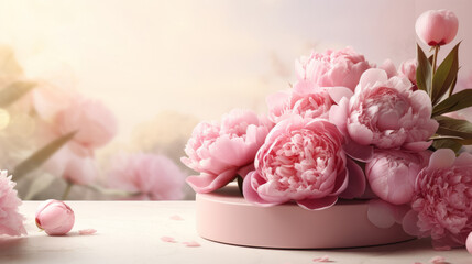 Bouquet of pink peonies with a product podium for product presentation.