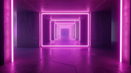 3D rendering, ultraviolet neon square portal, glowing lines, tunnel, walkway, purple, arch, laser show, night light.