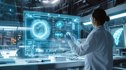 A medical lab with a scientist analyzing data on a futuristic holographic screen
