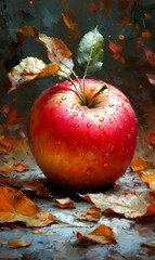 Autumn still life with a red apple and autumn leaves on a dark background.
