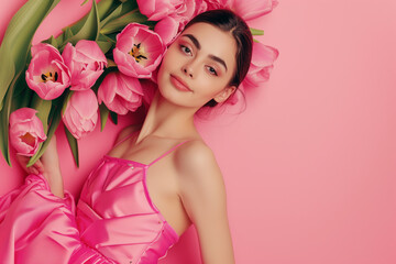 Obraz na płótnie Canvas a splash of pink: woman with tulips on vibrant background