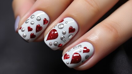 White nail with red hearts