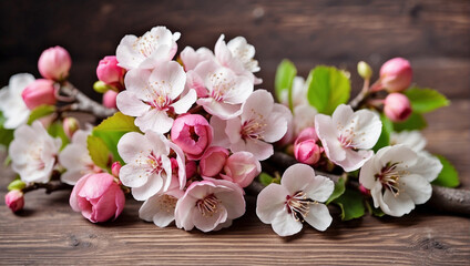 Spring apple blossoms flowering branch on wooden background.
