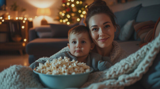 mother and son watching movie with popcorn on the couch