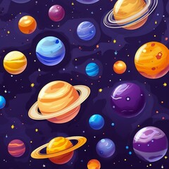 Naklejka premium planets and sun on a purple background. the solar system and moon are in the pattern. hand drawn celestial pattern design.