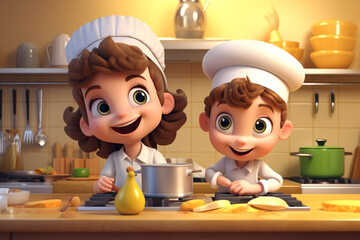 Cartoon little kids cooking in the kitchen 3D illustration