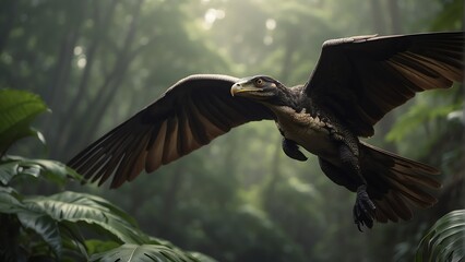 An dinosaur bird flying on the sky of a tropical jungle forest from Generative AI - obrazy, fototapety, plakaty