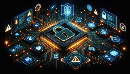 Fototapeta premium Futuristic digital padlock representing cybersecurity on an illuminated circuit board, symbolizing data protection and encryption.