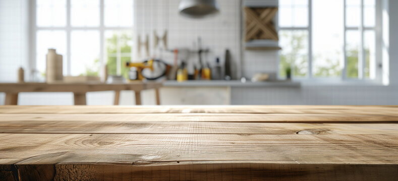 Rustic kitchen table with and blureed studio kitchen background for food and kitchen products.
