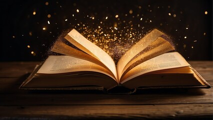 Open book on a wooden table emitting golden light and particles on a dark background from Generative AI