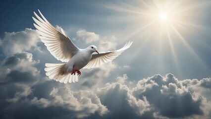 White dove flying in heavenly background of clouds symbol of faith, concept of spirituality and religion worship from Generative AI