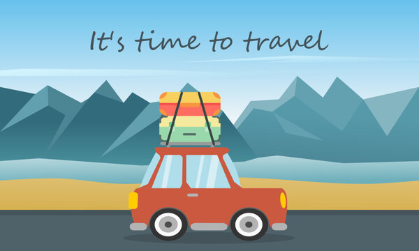 Road trip vacation by car on highway with beach and hills view. It's time to travel. Vector illustration.