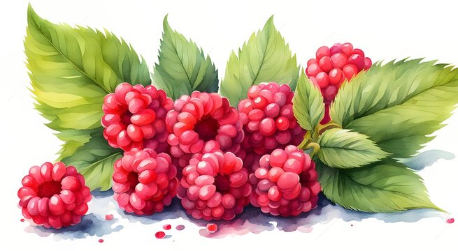 Raspberry berries with green leaves watercolour