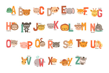 Cute animals alphabet for kids. School visual aids elementary education. Fun kawaii style animal characters and letters. Zoo ABC learning poster. Vector illustration. Cartoon alphabet for children.