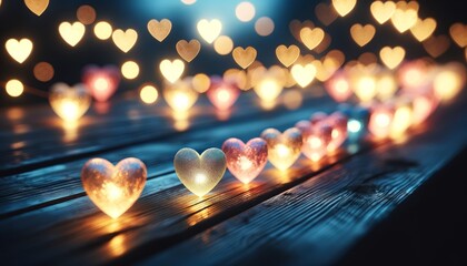 Illuminated Hearts on Wooden Pier. A Romantic Evening Scene