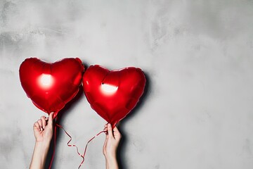 Hands holding two heart shaped balloons