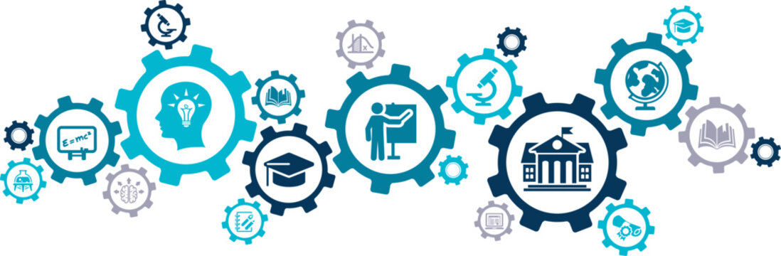 University / college vector illustration. Concept with icons on higher education, bachelor / master academic course, high school, campus or university study, graduation, scholarship, tutor / tutoring.