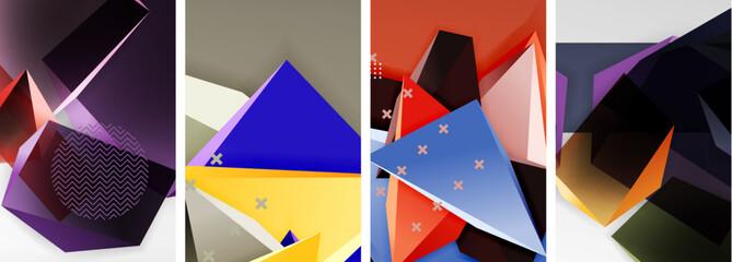 Trendy low poly 3d triangle shapes and other geometric elements background designs for wallpaper, business card, cover, poster, banner, brochure, header, website