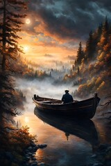 Boat traveling in the dusk ai generation
