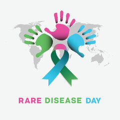 Rare Disease Day design with hand palm logo and ribbon in green, blue and pink color. Vector illustration