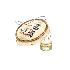 watercolor composition with embroidery tools, hand drawn sketch of handiwork for needlework, needle with flosses, yarn, pincushion, embroidery frame with picture, isolated on white background
