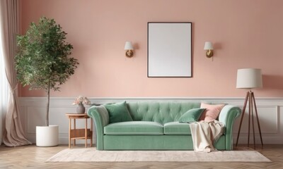 Mockup room with a pastel green sofa against an empty pastel peach wall.