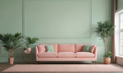 Mockup room with a pastel peach sofa against an empty green wall.