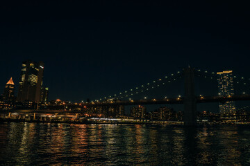 Fototapeta na wymiar Brooklyn Bridge and panoramic night view of downtown Manhattan after sunset in New York City, USA