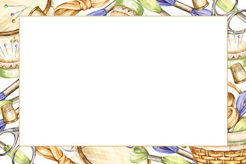 watercolor frame with embroidery tools, hand drawn sketch of handiwork with needlework basket, scissors, flosses, yarn, pins, thimble, pincushion, embroidery frame, skein of thread isolated