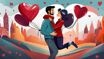 Fototapeta premium Valentine's Day concept in cartoon style. Couples full of love
