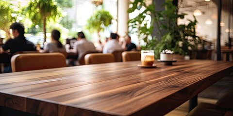 Brown wooden table in coffee shop interior with people meeting in background, suitable for displays or montages. - Powered by Adobe