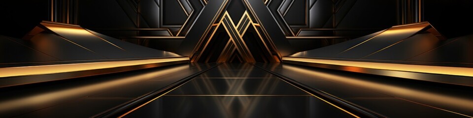Black luxury background with golden line elements and light ray effect
